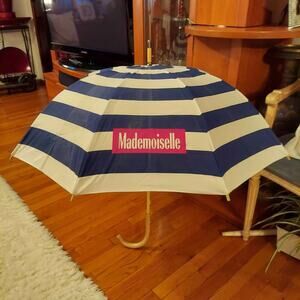 Vintage Mademoiselle Red Logo Blue and White Striped Wooden Cane Umbrella